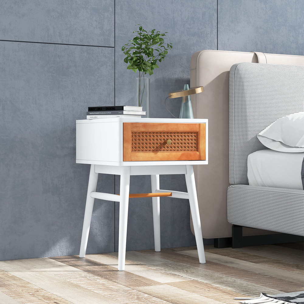 Modern Nightstand With Solid Wood Legs Stylish Drawer Bedside Table With Rattan Accent Golden Handl 1