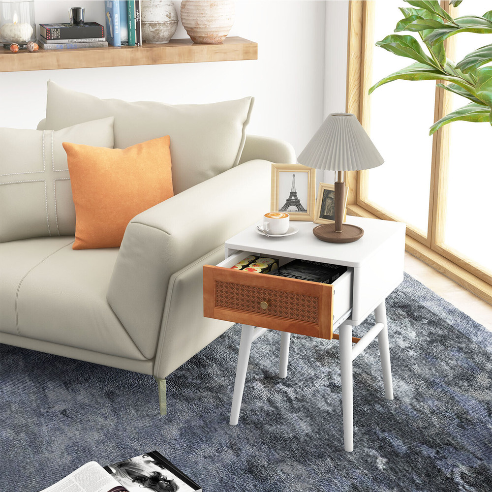 Modern Nightstand With Solid Wood Legs Stylish Drawer Bedside Table With Rattan Accent Golden Handl 2