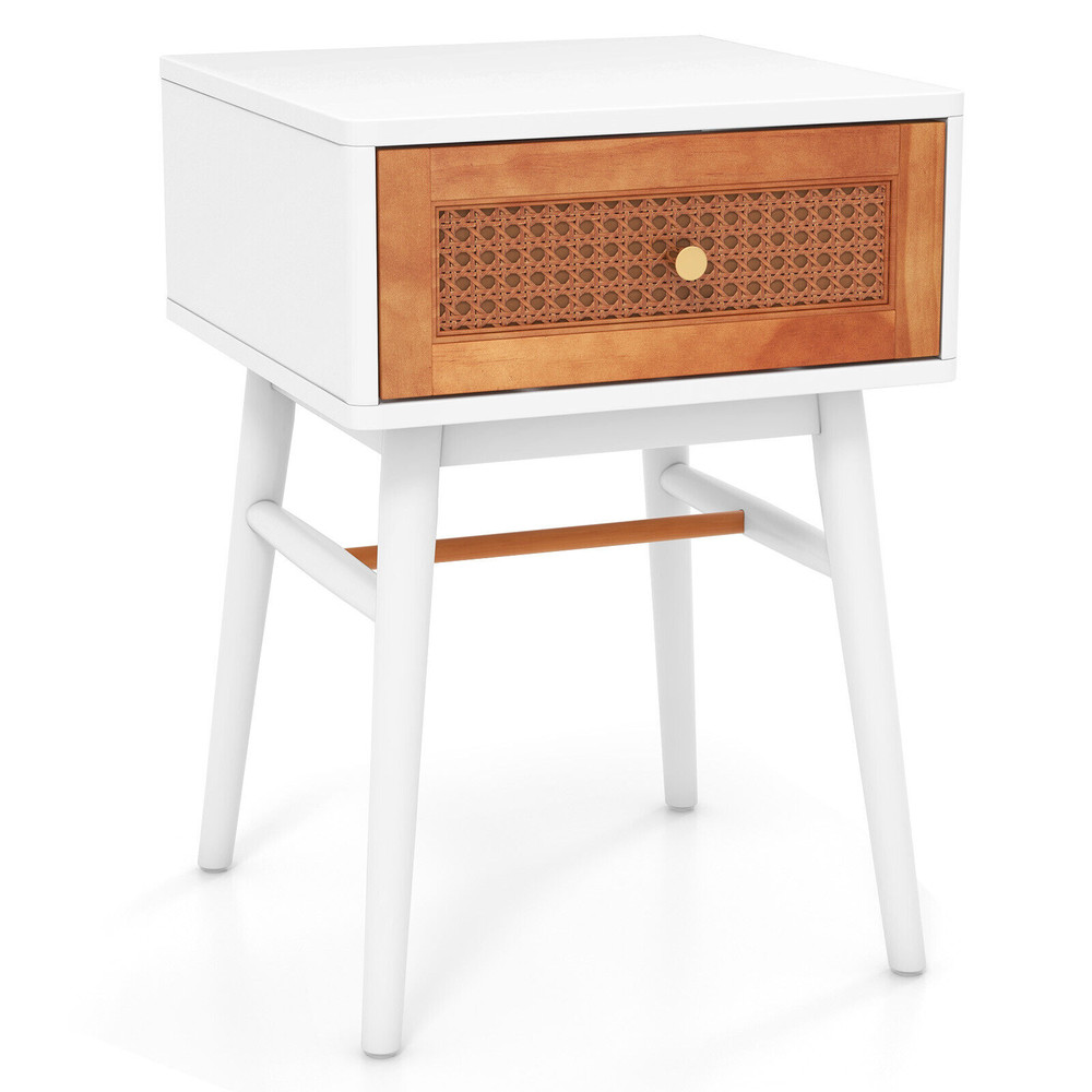 Modern Nightstand With Solid Wood Legs Stylish Drawer Bedside Table With Rattan Accent Golden Handl 0