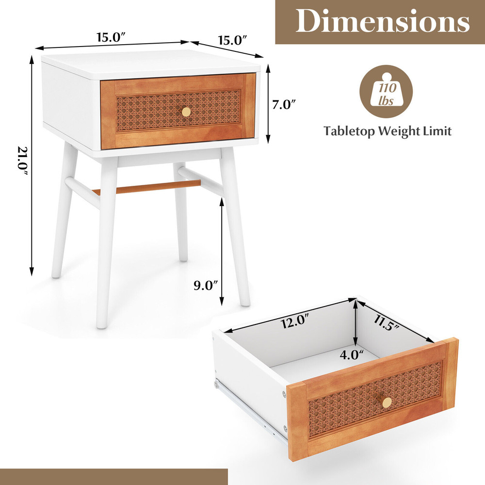 Modern Nightstand With Solid Wood Legs Stylish Drawer Bedside Table With Rattan Accent Golden Handl 7