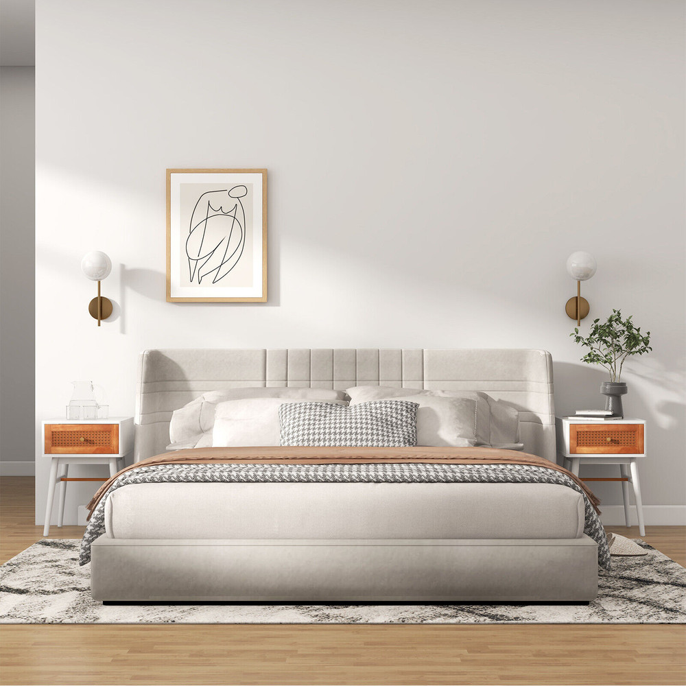 Modern Nightstand With Solid Wood Legs Stylish Drawer Bedside Table With Rattan Accent Golden Handl 3