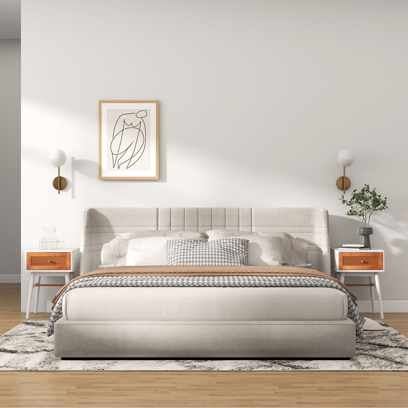 Modern Nightstand With Solid Wood Legs Stylish Drawer Bedside Table With Rattan Accent Golden Handl 3