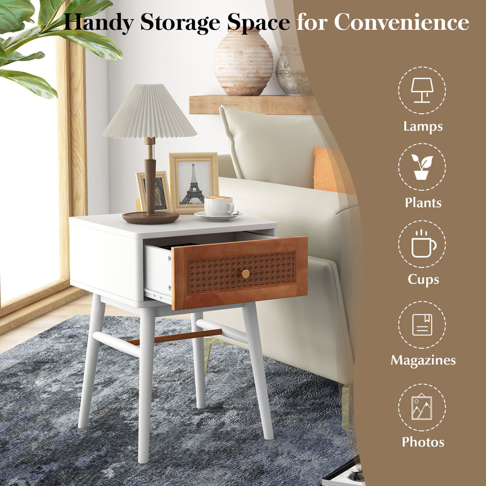 Modern Nightstand With Solid Wood Legs Stylish Drawer Bedside Table With Rattan Accent Golden Handl 4