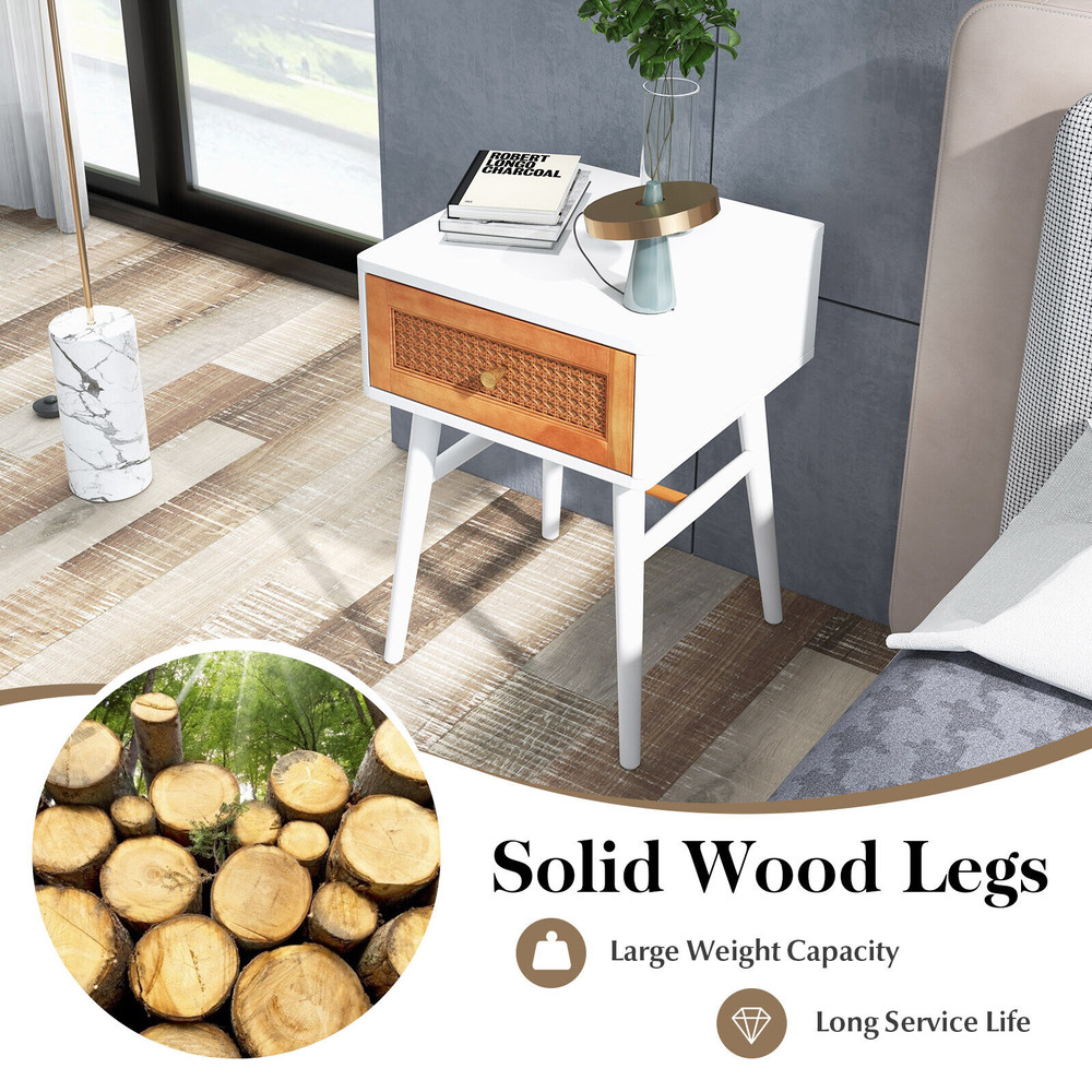 Modern Nightstand With Solid Wood Legs Stylish Drawer Bedside Table With Rattan Accent Golden Handl 5