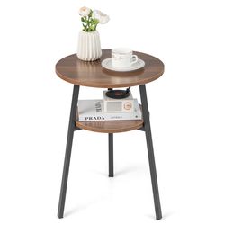 modern round end table with open storage shelf and metal frame, small space-saving side table for bedroom