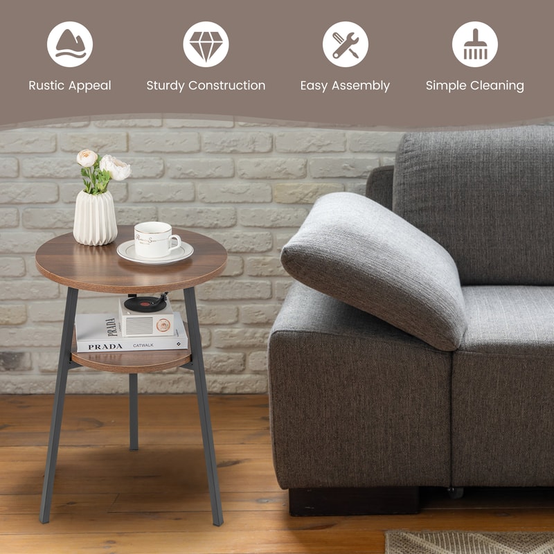 Round End Table Set With Open Shelf And Sturdy Triangular Metal Frame For Living Room Or Bedroom 4