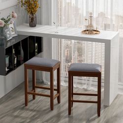 2-piece 25 inch upholstered bar stool set with solid rubber wood frame & footrest, brown & greige