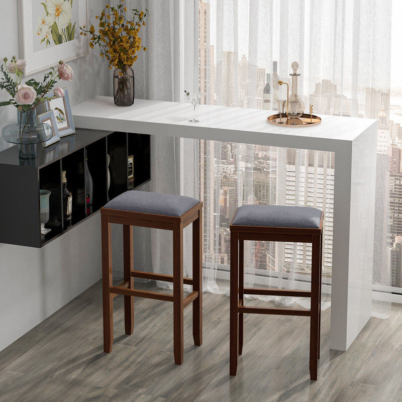2-Piece 31 Inch Upholstered Bar Stool Set with Solid Rubber Wood Frame & Footrest