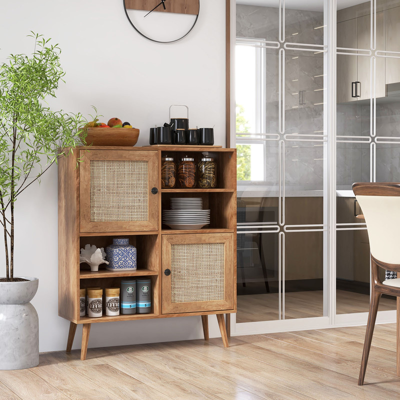 Natural Rattan Buffet Cabinet with 2 Doors & 2 Cubbies, Stylish Storage for Dining & Living Rooms