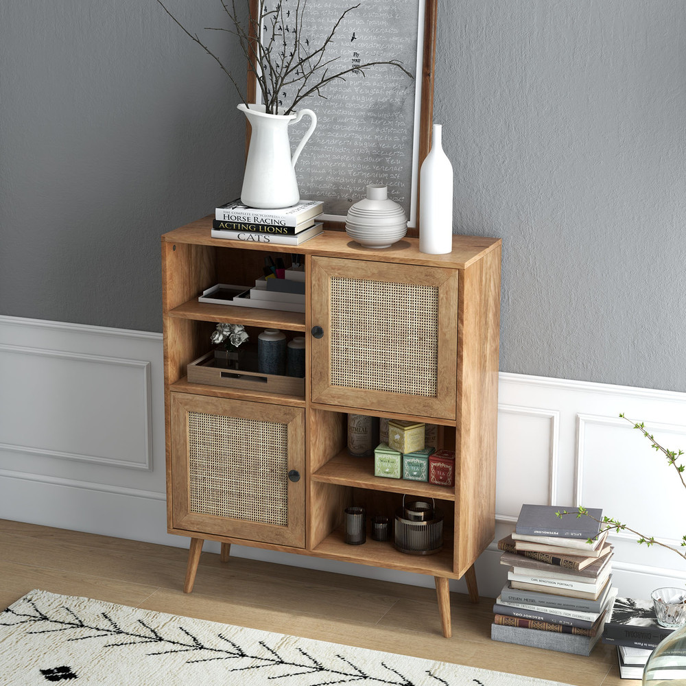 Natural Rattan Buffet Cabinet with 2 Doors & 2 Cubbies, Stylish Storage for Dining & Living Rooms