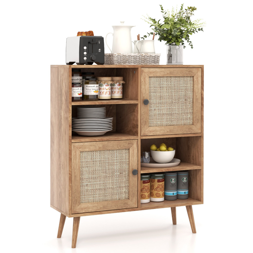Natural Rattan Buffet Cabinet with 2 Doors & 2 Cubbies, Stylish Storage for Dining & Living Rooms