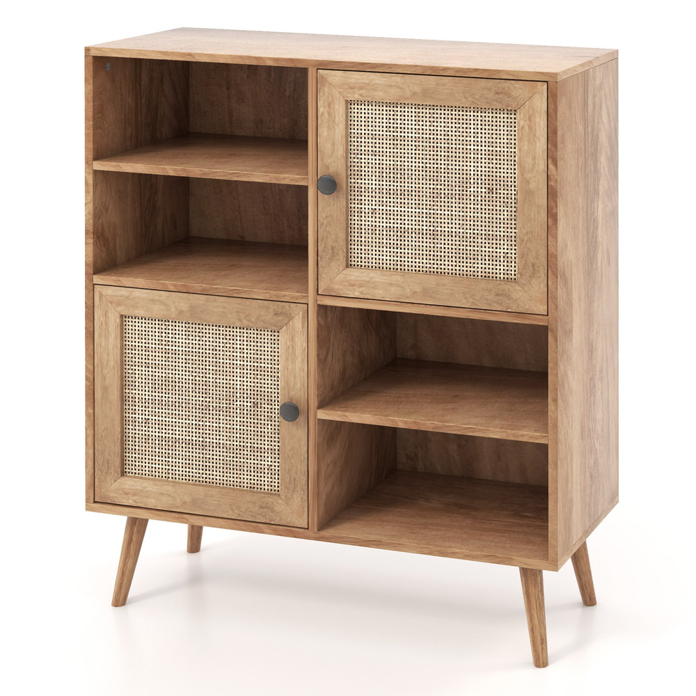 Natural Rattan Buffet Cabinet with 2 Doors & 2 Cubbies, Stylish Storage for Dining & Living Rooms