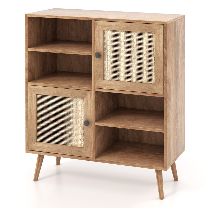 Natural Rattan Buffet Cabinet with 2 Doors & 2 Cubbies, Stylish Storage for Dining & Living Rooms