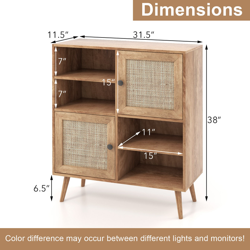 Natural Rattan Buffet Cabinet with 2 Doors & 2 Cubbies, Stylish Storage for Dining & Living Rooms