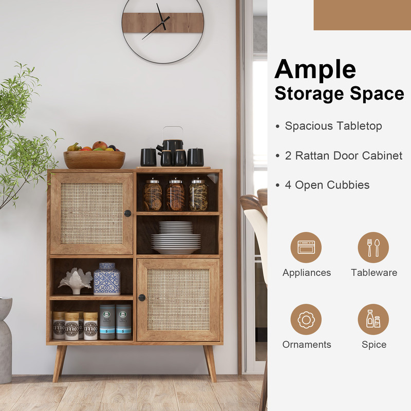 Natural Rattan Buffet Cabinet with 2 Doors & 2 Cubbies, Stylish Storage for Dining & Living Rooms