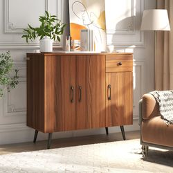 sideboard cabinet with 3 doors and pull-out drawer, adjustable shelves, walnut finish for stylish storage