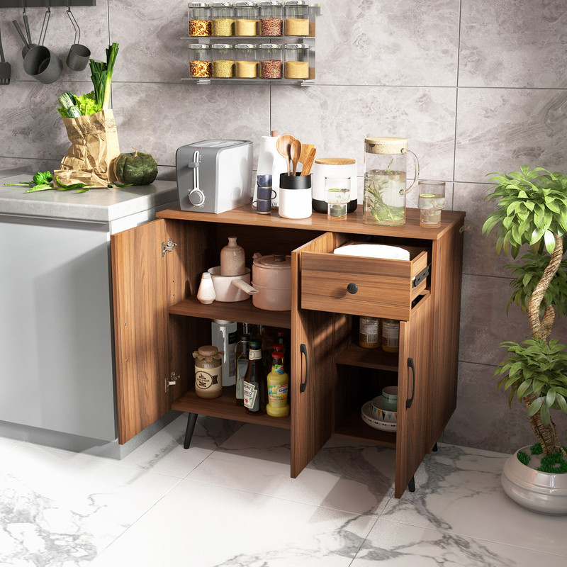 Sideboard Cabinet With 3 Doors And PullOut Drawer Adjustable Shelves Walnut Finish For Stylish Stor 1