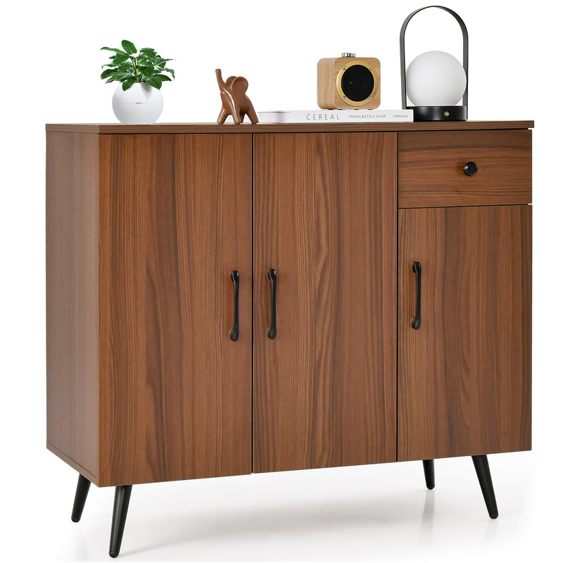 Sideboard Cabinet With 3 Doors And PullOut Drawer Adjustable Shelves Walnut Finish For Stylish Stor 3