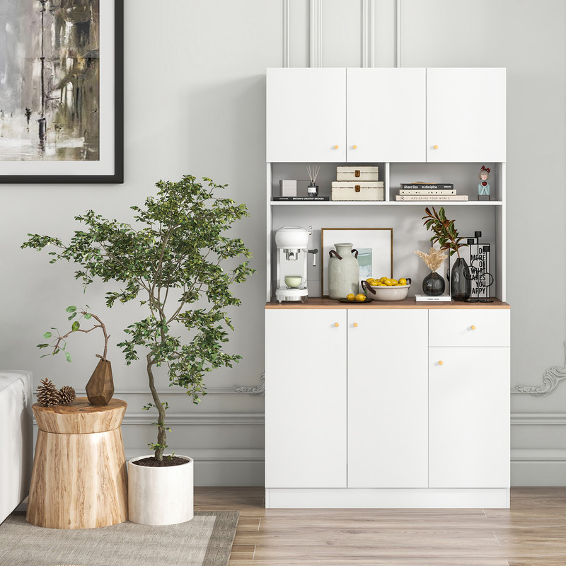 71 Inch Tall Pantry Cabinet with Outlets for Dining Room, Spacious White Storage & Charging Station