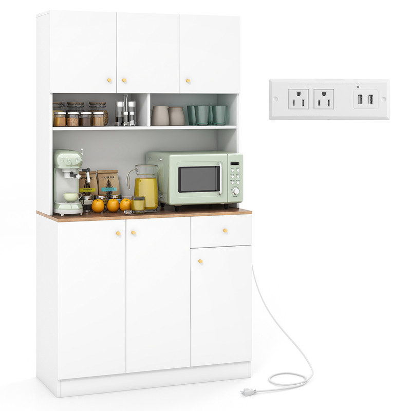 71 Inch Tall Pantry Cabinet with Outlets for Dining Room, Spacious White Storage & Charging Station