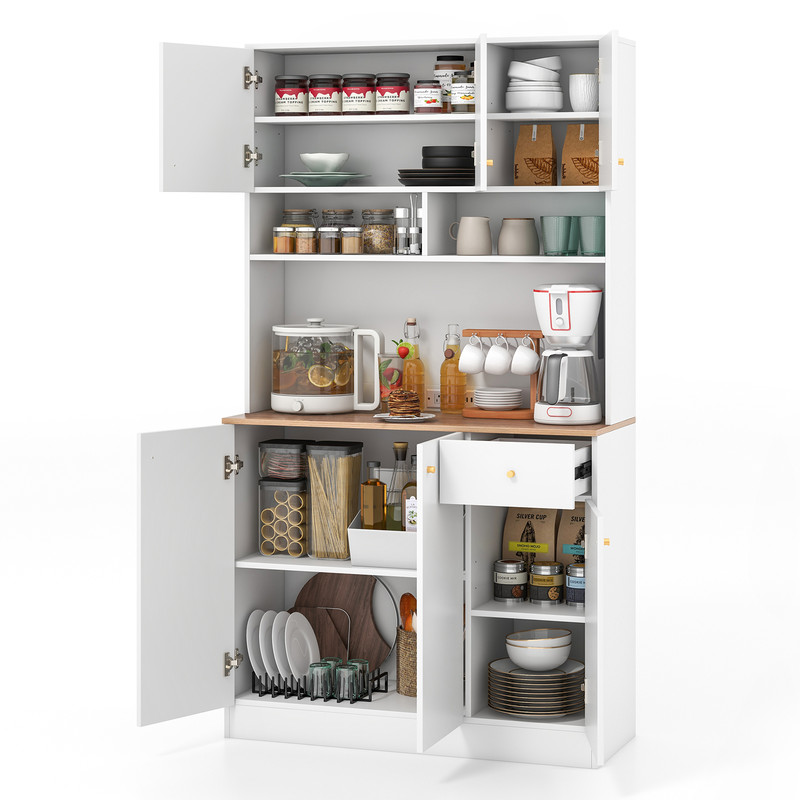 71 Inch Tall Pantry Cabinet with Outlets for Dining Room, Spacious White Storage & Charging Station