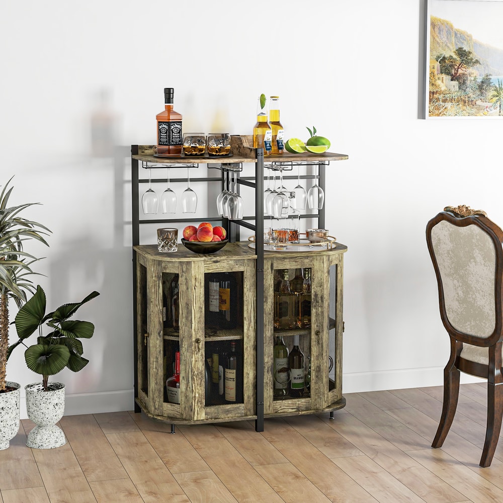 Rustic Industrial Corner Bar Cabinet With Adjustable Shelf Glass Holder Compact Liquor Cabinet For 1