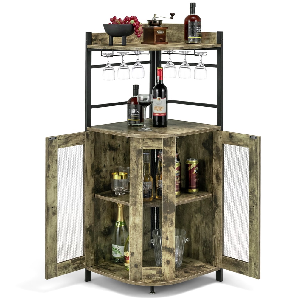 Rustic Industrial Corner Bar Cabinet With Adjustable Shelf Glass Holder Compact Liquor Cabinet For 7