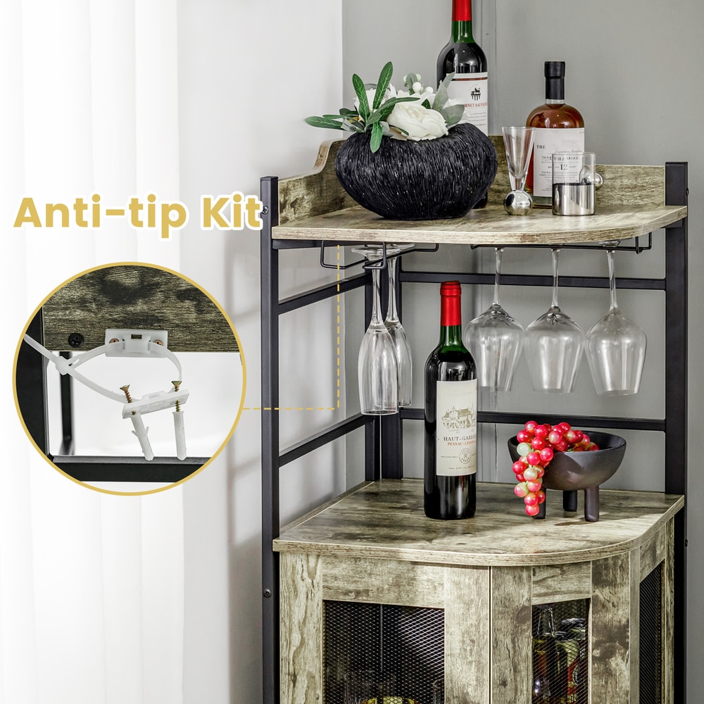 Rustic Industrial Corner Bar Cabinet With Adjustable Shelf Glass Holder Compact Liquor Cabinet For 4