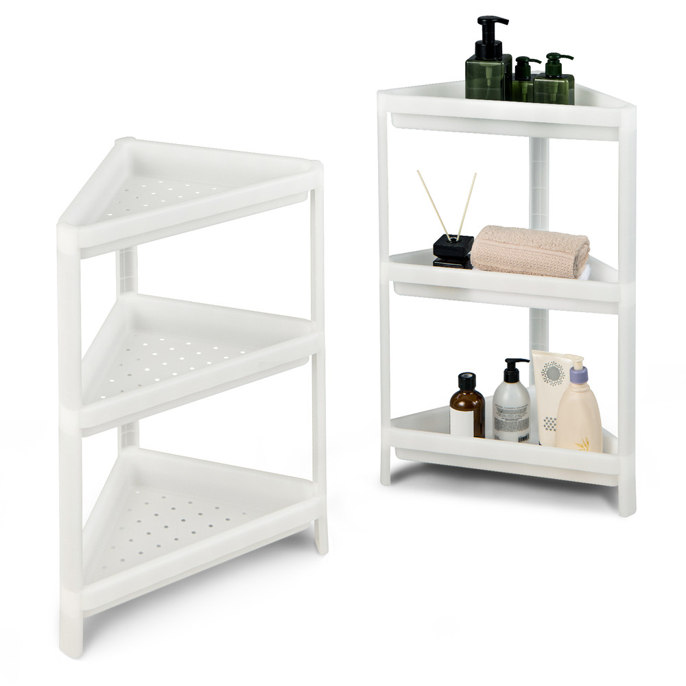 Compact Corner Shower Shelf With Drainage Holes Detachable Bathroom  Kitchen Floor Storage Organize 0