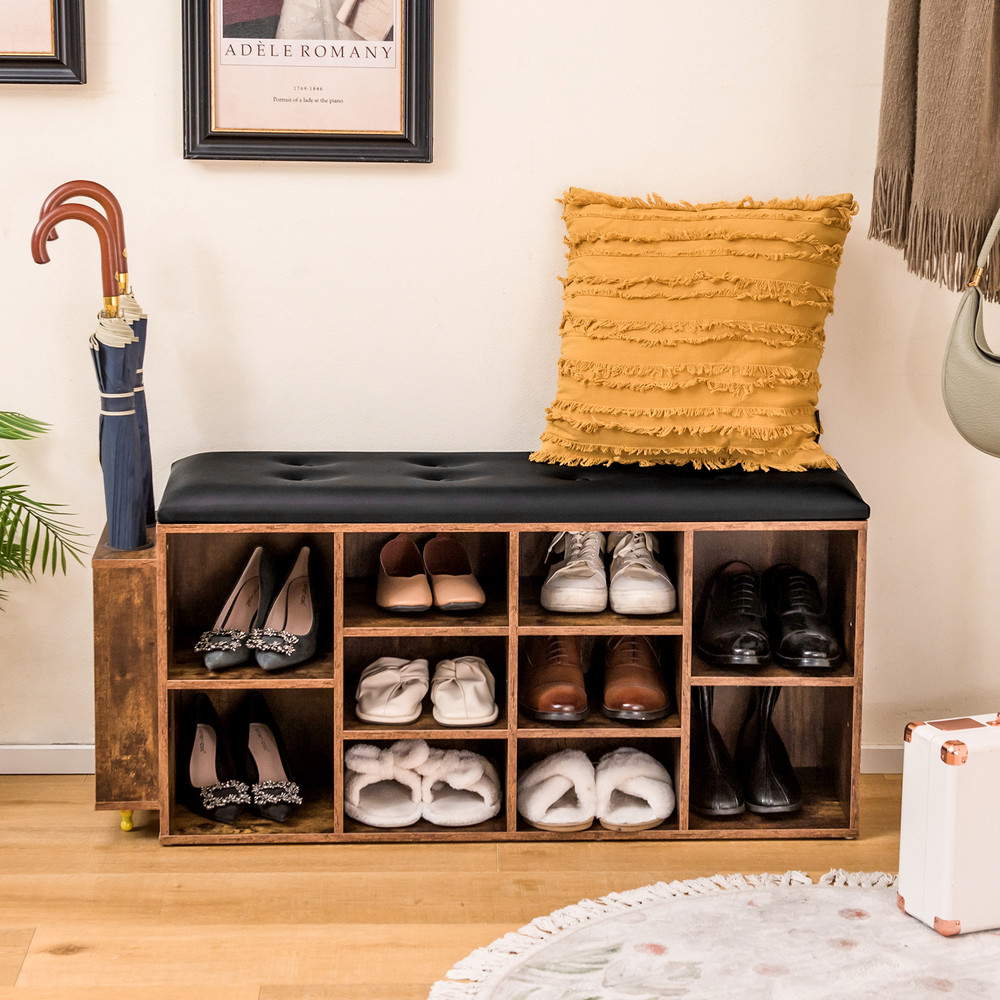 Entryway Shoe Storage Bench With Adjustable Shelf  Umbrella Stand Padded PU Leather Seat Cubby Orga 1