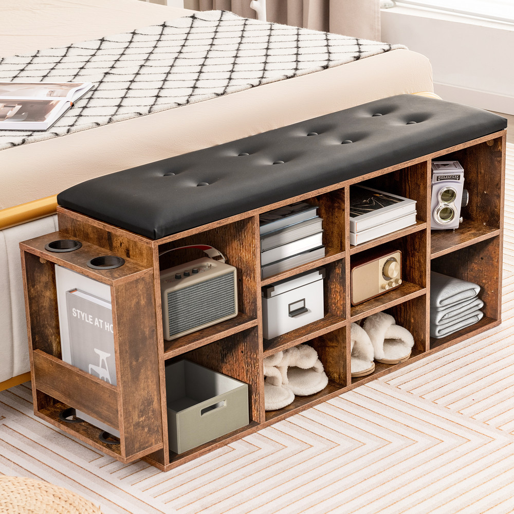 Entryway Shoe Storage Bench With Adjustable Shelf  Umbrella Stand Padded PU Leather Seat Cubby Orga 2