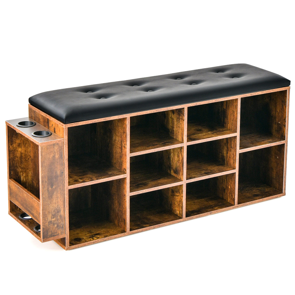 Entryway Shoe Storage Bench With Adjustable Shelf  Umbrella Stand Padded PU Leather Seat Cubby Orga 0