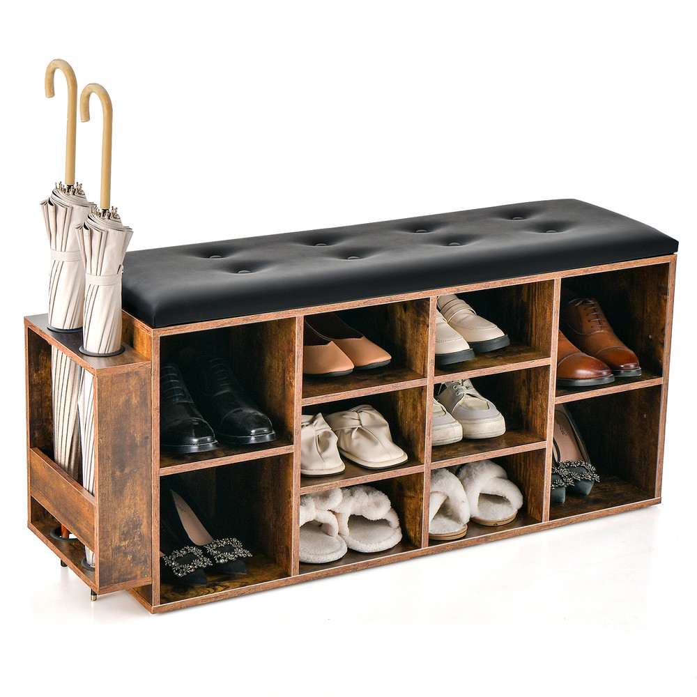 Entryway Shoe Storage Bench With Adjustable Shelf  Umbrella Stand Padded PU Leather Seat Cubby Orga 7