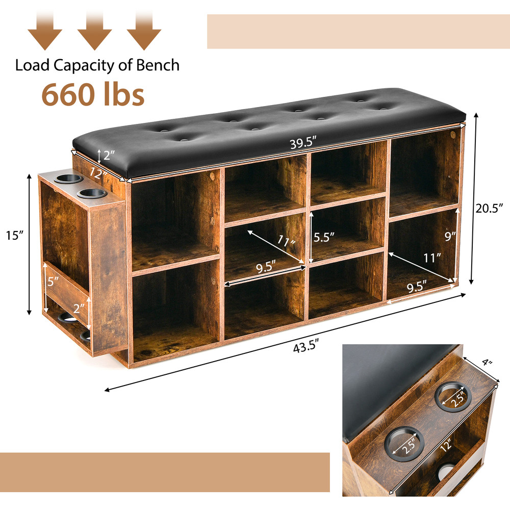 Entryway Shoe Storage Bench With Adjustable Shelf  Umbrella Stand Padded PU Leather Seat Cubby Orga 6