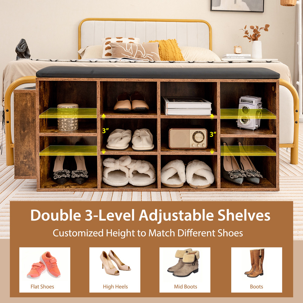 Entryway Shoe Storage Bench With Adjustable Shelf  Umbrella Stand Padded PU Leather Seat Cubby Orga 3