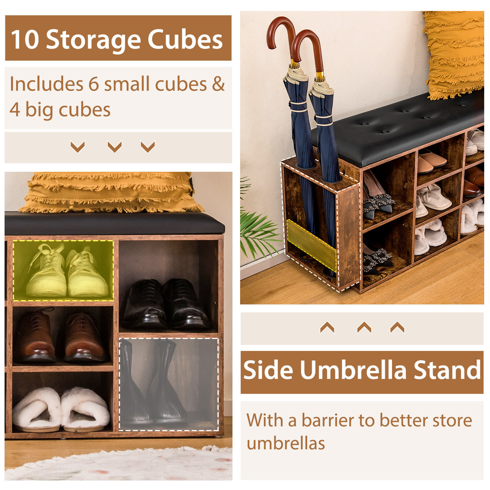 Entryway Shoe Storage Bench With Adjustable Shelf  Umbrella Stand Padded PU Leather Seat Cubby Orga 4