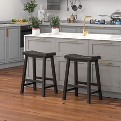 set of 2 24 inch counter height stools with solid wood legs – backless bar stools for kitchen island & dining