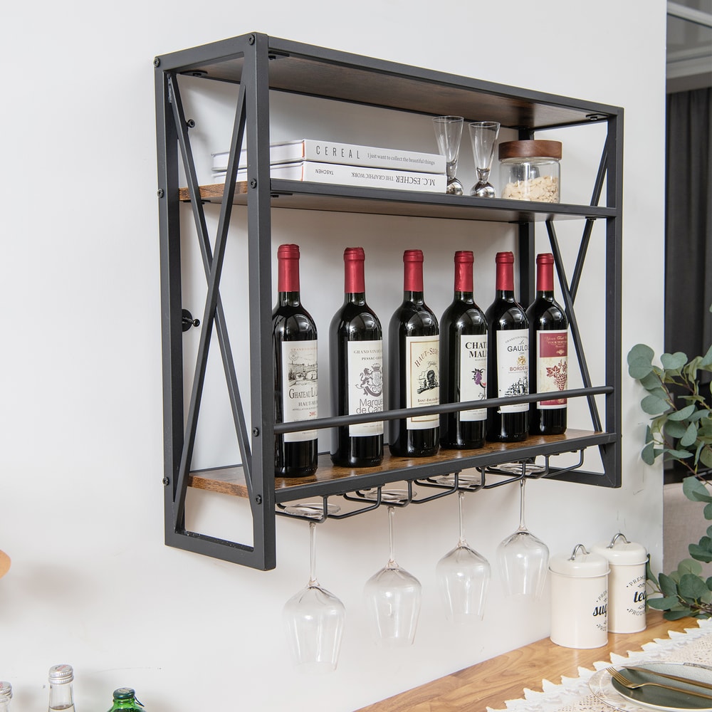 Industrial Wall-Mounted Wine Rack with Glass Holder 3 Tier Metal Frame