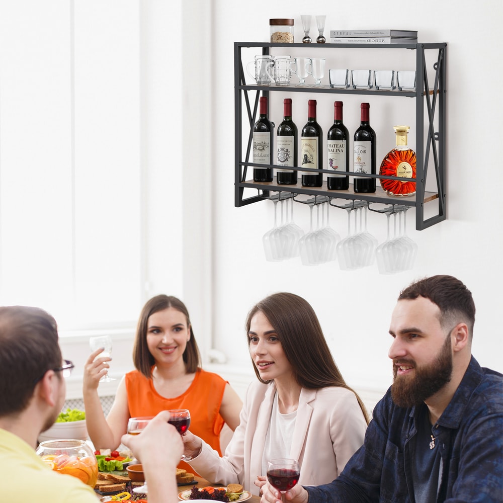 Industrial Wall-Mounted Wine Rack with Glass Holder 3 Tier Metal Frame