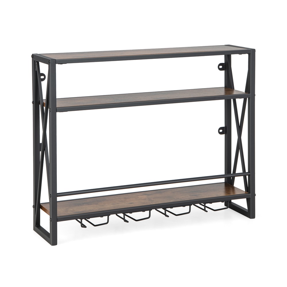 Industrial Wall-Mounted Wine Rack with Glass Holder 3 Tier Metal Frame