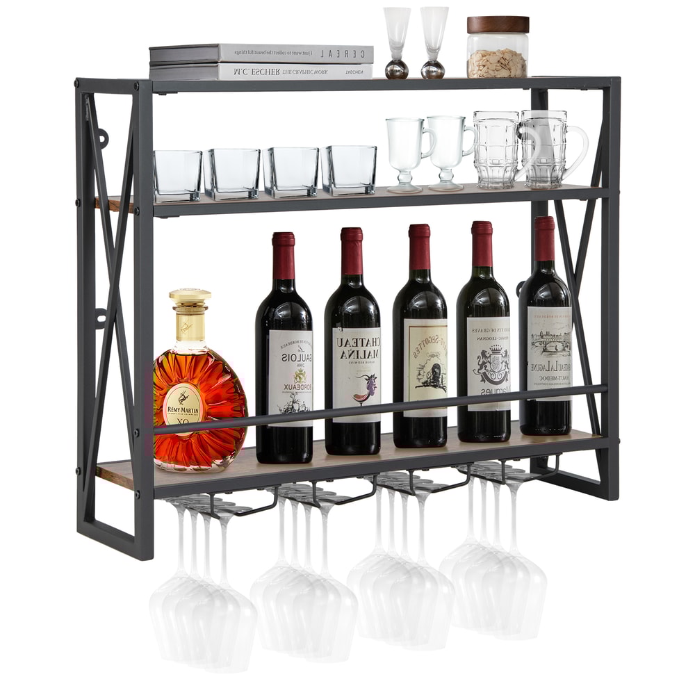 Industrial Wall-Mounted Wine Rack with Glass Holder 3 Tier Metal Frame