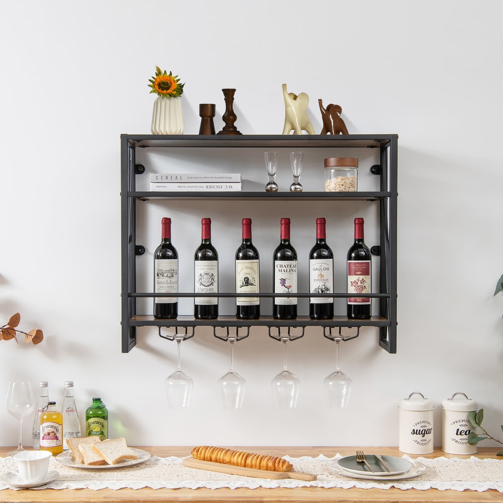 Industrial Wall-Mounted Wine Rack with Glass Holder 3 Tier Metal Frame