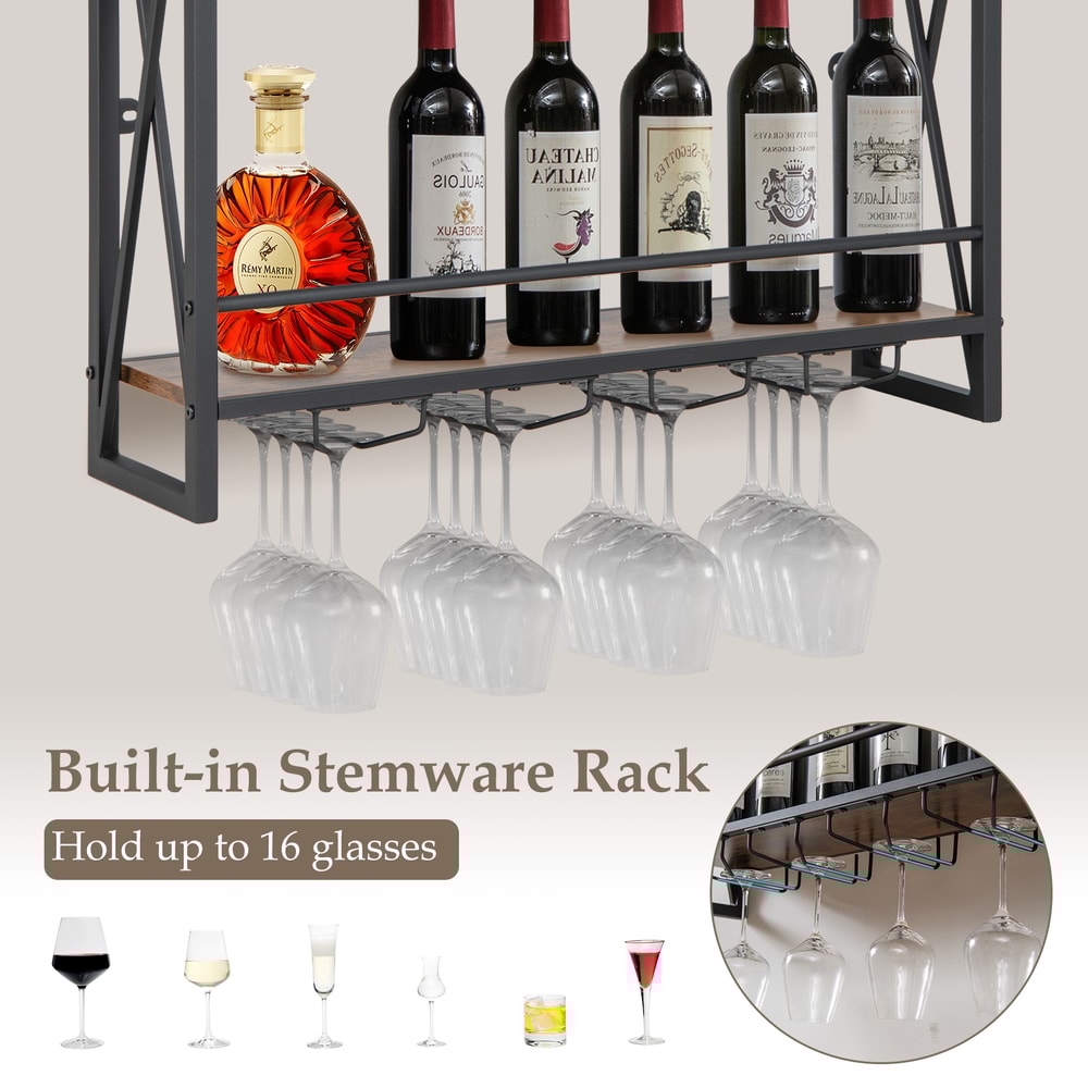 Industrial Wall-Mounted Wine Rack with Glass Holder 3 Tier Metal Frame