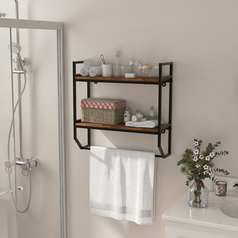 Over the Toilet Shelf Wall Mounted with Metal Frame for Bathroom Rustic Brown Storage Shelf
