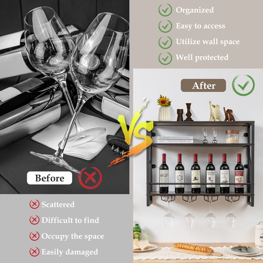 Industrial Wall-Mounted Wine Rack with Glass Holder 3 Tier Metal Frame