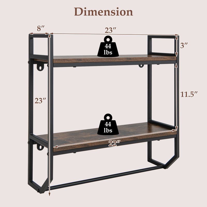 Over the Toilet Shelf Wall Mounted with Metal Frame for Bathroom Rustic Brown Storage Shelf