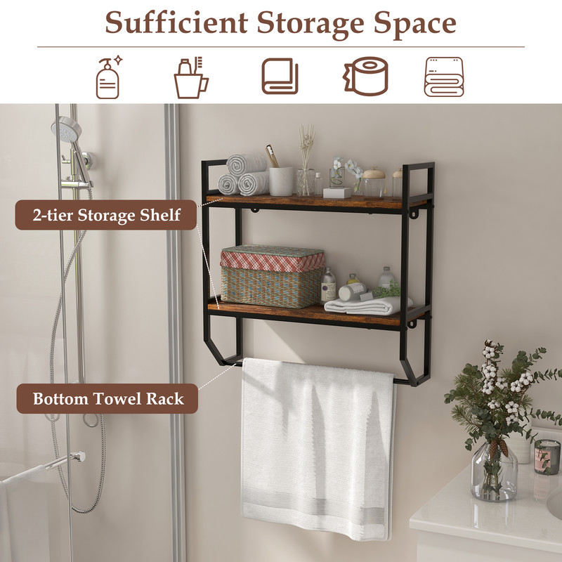 Over the Toilet Shelf Wall Mounted with Metal Frame for Bathroom Rustic Brown Storage Shelf