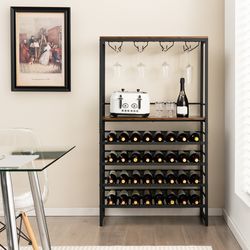 freestanding wine bakers rack with 4-tier wine storage & 4 rows of stemware racks rustic brown & black