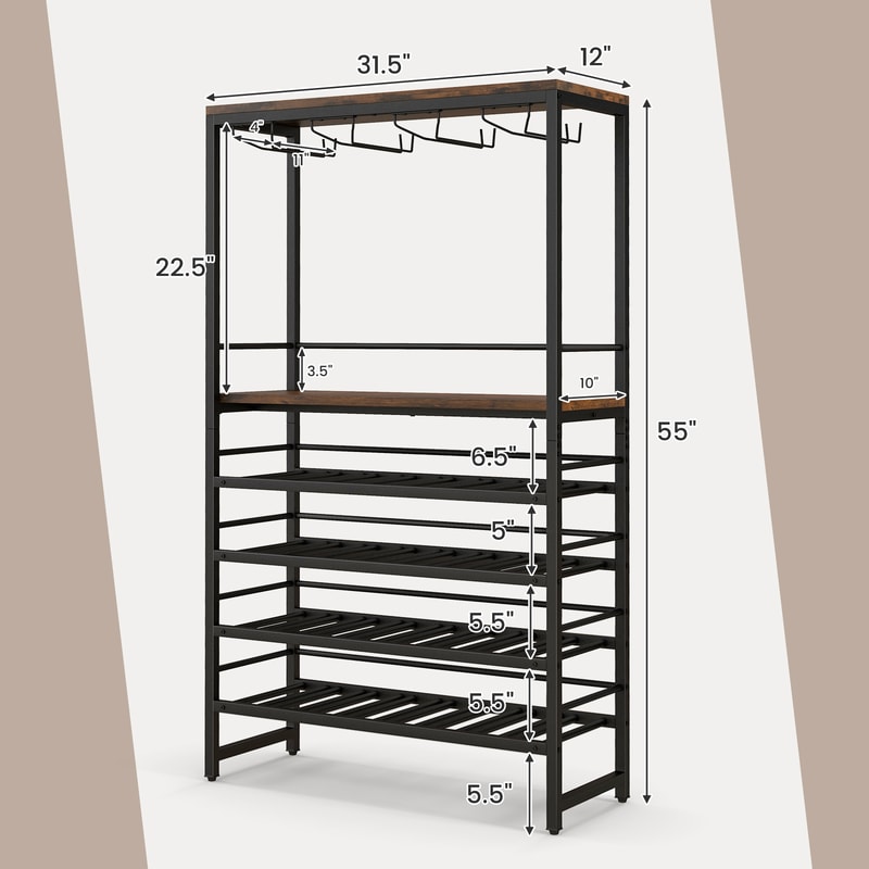 Freestanding Wine Bakers Rack with 4-Tier Wine Storage & 4 Rows of Stemware Racks Rustic Brown & Black