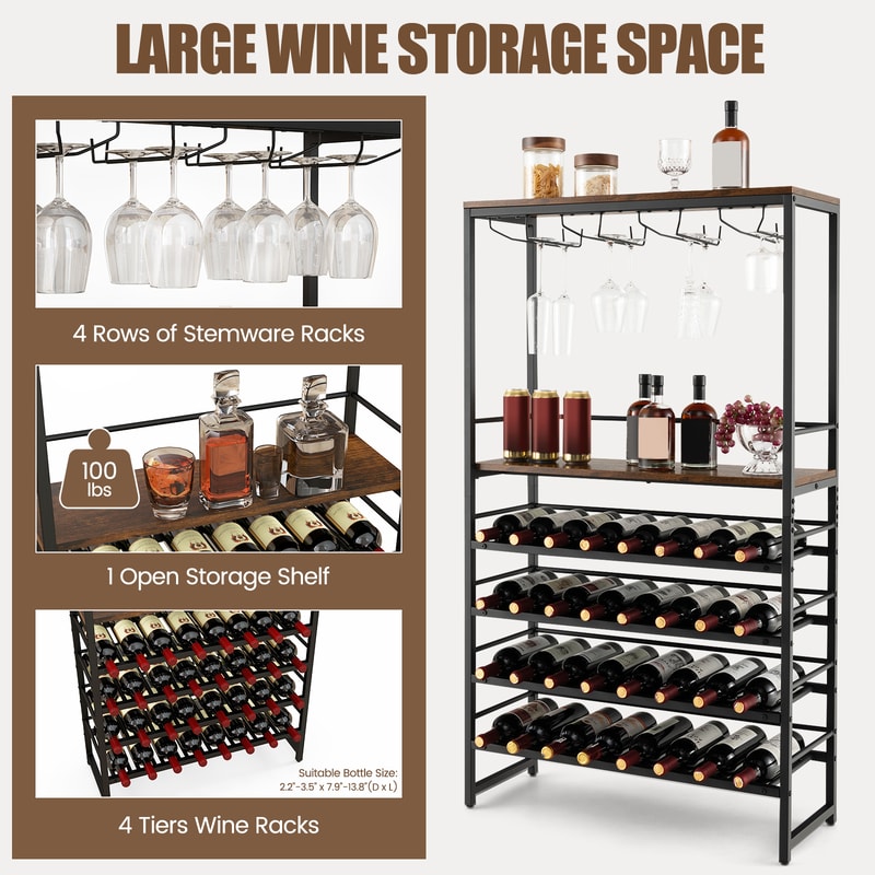 Freestanding Wine Bakers Rack with 4-Tier Wine Storage & 4 Rows of Stemware Racks Rustic Brown & Black